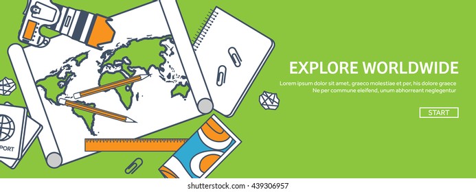 Travel,tourism vector illustration in flat outline style.Line art.World travel banner.Summer holidays,vacation.Travel around the world.Journey,trip plan.Tourists tips.International tourism.World map.