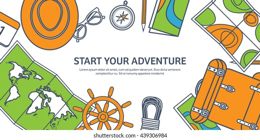 Travel,tourism vector illustration in flat outline style.Line art.World travel banner.Summer holidays,vacation.Travel around the world.Journey,trip plan.Tourists tips.International tourism.World map.