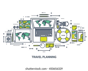 Travel,tourism vector illustration in flat outline style.Line art.World travel banner.Summer holidays,vacation.Travel around the world.Journey,trip plan.Tourists tips.International tourism.World map.