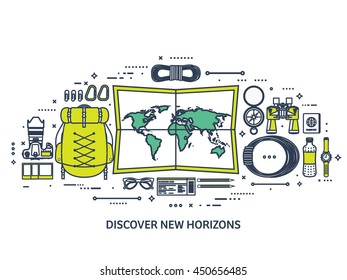 Travel,tourism vector illustration in flat outline style.Line art.World travel banner.Summer holidays,vacation.Travel around the world.Journey,trip plan.Tourists tips.International tourism.World map.