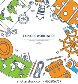 Travel,tourism vector illustration in flat outline style.Line art.World travel banner.Summer holidays,vacation.Travel around the world.Journey,trip plan.Tourists tips.International tourism.World map.