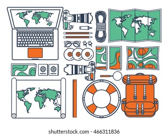 Travel,tourism vector illustration in flat outline style.Line art.World travel banner.Summer holidays,vacation.Travel around the world.Journey,trip plan.Tourists tips.International tourism.World map.