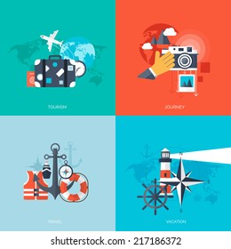 Travel,tourism vector illustration in a flat style.World travel banner.Water tourism.Summer holidays, vacation.Travel around the world.Journey,trip plan.Tourists tips.International tourism. 