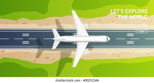 Travel,tourism vector illustration in a flat style.World travel banner.Air tourism.Summer holidays, vacation.Travel around the world.Journey,trip plan.Tourists tips.International tourism. Plane.