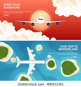 Travel,tourism vector illustration in a flat style.World travel banner.Air tourism.Summer holidays, vacation.Travel around the world.Journey,trip plan.Tourists tips.International tourism. Plane.