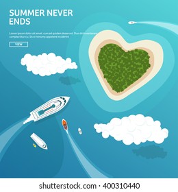Travel,tourism vector illustration in a flat style.World travel banner.Water tourism.Summer holidays, vacation.Travel around the world.Journey,trip plan.Tourists tips.International tourism. Island