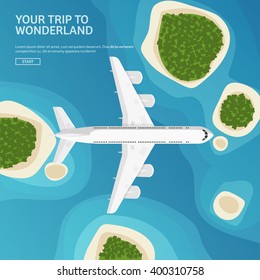 Travel,tourism vector illustration in a flat style.World travel banner.Air tourism.Summer holidays, vacation.Travel around the world.Journey,trip plan.Tourists tips.International tourism. Plane,island