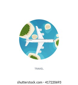 Travel,tourism vector illustration in a flat style.World travel banner.Air tourism.Summer holidays, vacation.Travel around the world.Journey,trip plan.Tourists tips.International tourism. Plane,island