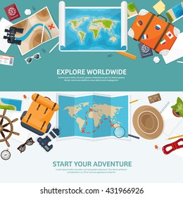 Travel,tourism vector illustration in flat style.World travel banner.Summer holidays, vacation.Travel around the world.Journey,trip plan.Tourists tips.International tourism.World map,suitcase,backpack