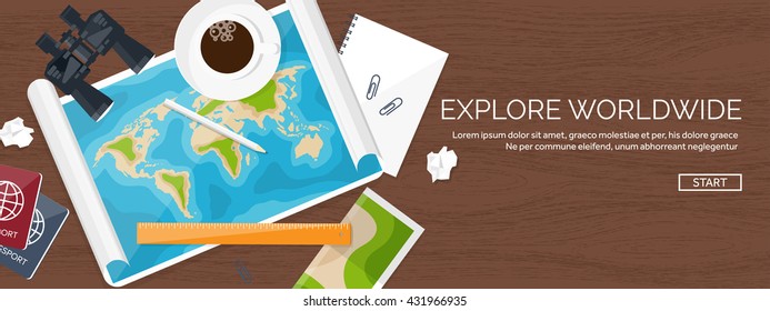 Travel,tourism vector illustration in a flat style.World travel banner.Summer holidays, vacation.Travel around the world.Journey,trip plan.Tourists tips.International tourism.World map,passport