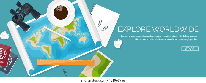 Travel,tourism vector illustration in a flat style.World travel banner.Summer holidays, vacation.Travel around the world.Journey,trip plan.Tourists tips.International tourism.World map,passport