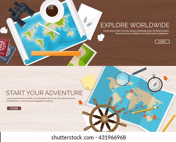 Travel,tourism vector illustration in a flat style.World travel banner.Summer holidays, vacation.Travel around the world.Journey,trip plan.Tourists tips.International tourism.World map