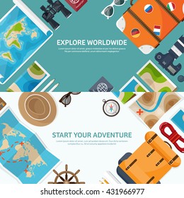 Travel,tourism vector illustration in a flat style.World travel banner.Summer holidays, vacation.Travel around the world.Journey,trip plan.Tourists tips.International tourism.World map,camera,backpack