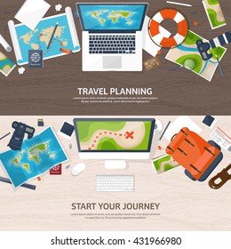 Travel,tourism vector illustration in a flat style.World travel banner.Summer holidays, vacation.Travel around the world.Journey,trip plan.Tourists tips.International tourism.World map,camera,laptop