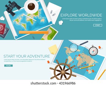Travel,tourism vector illustration in a flat style.World travel banner.Summer holidays, vacation.Travel around the world.Journey,trip plan.Tourists tips.International tourism.World map,passport