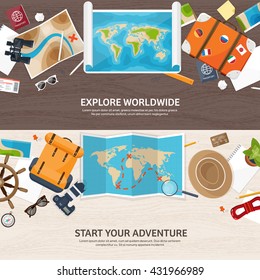 Travel,tourism vector illustration in a flat style.World travel banner.Summer holidays, vacation.Travel around the world.Journey,trip plan.Tourists tips.International tourism.World map,camera,backpack