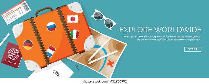 Travel,tourism vector illustration in a flat style.World travel banner.Summer holidays, vacation.Travel around the world.Journey,trip plan.Tourists tips.International tourism.World map,suitcase
