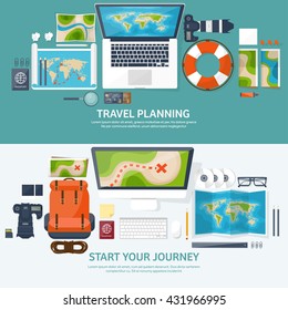 Travel,tourism vector illustration in a flat style.World travel banner.Summer holidays, vacation.Travel around the world.Journey,trip plan.Tourists tips.International tourism.World map,camera,laptop