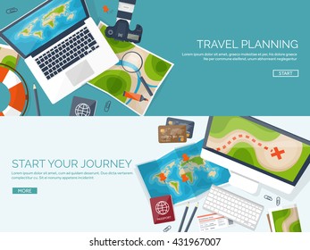 Travel,tourism vector illustration in a flat style.World travel banner.Summer holidays, vacation.Travel around the world.Journey,trip plan.Tourists tips.International tourism.World map,camera,laptop