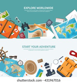 Travel,tourism vector illustration in a flat style.World travel banner.Summer holidays, vacation.Travel around the world.Journey,trip plan.Tourists tips.International tourism.World map,camera,backpack