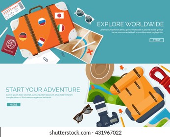 Travel,tourism vector illustration in a flat style.World travel banner.Summer holidays, vacation.Travel around the world.Journey,trip plan.Tourists tips.International tourism.World map,camera,backpack