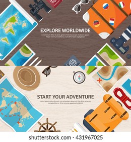 Travel,tourism vector illustration in a flat style.World travel banner.Summer holidays, vacation.Travel around the world.Journey,trip plan.Tourists tips.International tourism.World map,camera,backpack