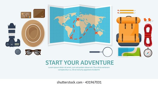 Travel,tourism vector illustration in a flat style.World travel banner.Summer holidays, vacation.Travel around the world.Journey,trip plan.Tourists tips.International tourism.World map,camera,backpack