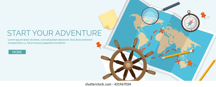Travel,tourism vector illustration in a flat style.World travel banner.Summer holidays, vacation.Travel around the world.Journey,trip plan.Tourists tips.International tourism.World map