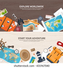 Travel,tourism vector illustration in a flat style.World travel banner.Summer holidays, vacation.Travel around the world.Journey,trip plan.Tourists tips.International tourism.World map,camera,backpack