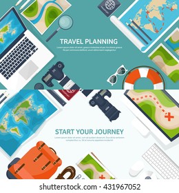 Travel,tourism vector illustration in a flat style.World travel banner.Summer holidays, vacation.Travel around the world.Journey,trip plan.Tourists tips.International tourism.World map,camera,laptop