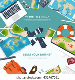 Travel,tourism vector illustration in a flat style.World travel banner.Summer holidays, vacation.Travel around the world.Journey,trip plan.Tourists tips.International tourism.World map,camera,laptop