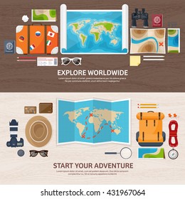 Travel,tourism vector illustration in flat style.World travel banner.Summer holidays, vacation.Travel around the world.Journey,trip plan.Tourists tips.International tourism.World map,suitcase,backpack