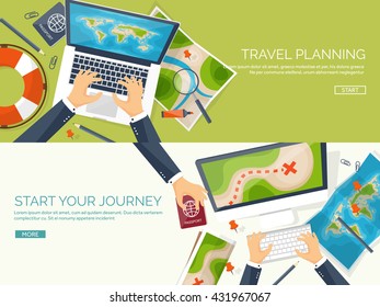 Travel,tourism vector illustration in a flat style.World travel banner.Summer holidays, vacation.Travel around the world.Journey,trip plan.Tourists tips.International tourism.World map,camera,laptop