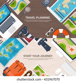 Travel,tourism vector illustration in a flat style.World travel banner.Summer holidays, vacation.Travel around the world.Journey,trip plan.Tourists tips.International tourism.World map,camera,laptop