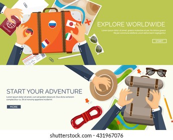 Travel,tourism vector illustration in flat style.World travel banner.Summer holidays, vacation.Travel around the world.Journey,trip plan.Tourists tips.International tourism.World map,suitcase,backpack