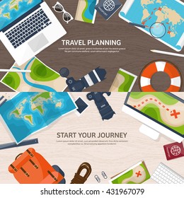 Travel,tourism vector illustration in a flat style.World travel banner.Summer holidays, vacation.Travel around the world.Journey,trip plan.Tourists tips.International tourism.World map,camera,laptop