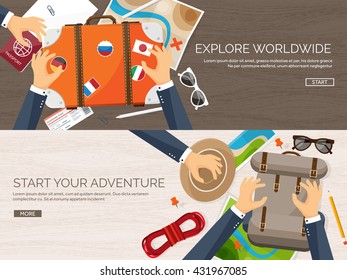 Travel,tourism vector illustration in flat style.World travel banner.Summer holidays, vacation.Travel around the world.Journey,trip plan.Tourists tips.International tourism.World map,suitcase,backpack