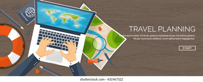 Travel,tourism vector illustration in a flat style.World travel banner.Summer holidays, vacation.Travel around the world.Journey,trip plan.Tourists tips.International tourism.World map,camera,laptop