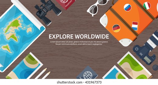 Travel,tourism vector illustration in a flat style.World travel banner.Summer holidays, vacation.Travel around the world.Journey,trip plan.Tourists tips.International tourism.World map,suitcase