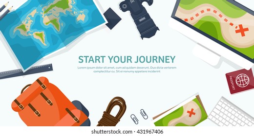 Travel,tourism vector illustration in a flat style.World travel banner.Summer holidays, vacation.Travel around the world.Journey,trip plan.Tourists tips.International tourism.World map,camera,backpack
