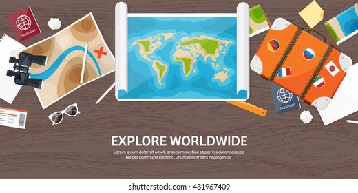 Travel,tourism vector illustration in a flat style.World travel banner.Summer holidays, vacation.Travel around the world.Journey,trip plan.Tourists tips.International tourism.World map,suitcase,ticket