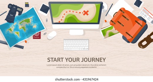 Travel,tourism vector illustration in a flat style.World travel banner.Summer holidays, vacation.Travel around the world.Journey,trip plan.Tourists tips.International tourism.World map,backpack