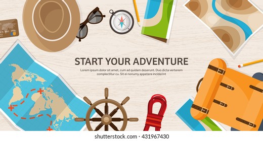 Travel,tourism vector illustration in a flat style.World travel banner.Summer holidays, vacation.Travel around the world.Journey,trip plan.Tourists tips.International tourism.World map,backpack