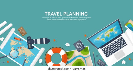 Travel,tourism vector illustration in a flat style.World travel banner.Summer holidays, vacation.Travel around the world.Journey,trip plan.Tourists tips.International tourism.World map,camera,laptop