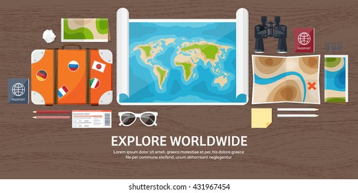 Travel,tourism vector illustration in a flat style.World travel banner.Summer holidays, vacation.Travel around the world.Journey,trip plan.Tourists tips.International tourism.World map,suitcase