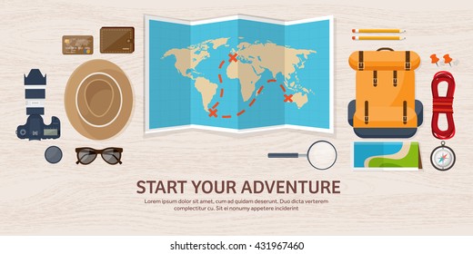 Travel,tourism vector illustration in a flat style.World travel banner.Summer holidays, vacation.Travel around the world.Journey,trip plan.Tourists tips.International tourism.World map,camera,backpack