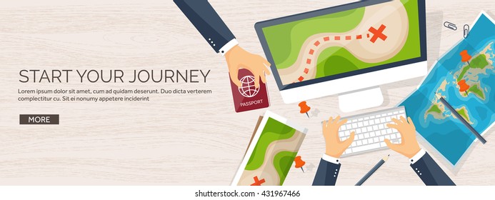 Travel,tourism vector illustration in a flat style.World travel banner.Summer holidays, vacation.Travel around the world.Journey,trip plan.Tourists tips.International tourism.World map,computer