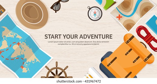 Travel,tourism vector illustration in a flat style.World travel banner.Summer holidays, vacation.Travel around the world.Journey,trip plan.Tourists tips.International tourism.World map,backpack
