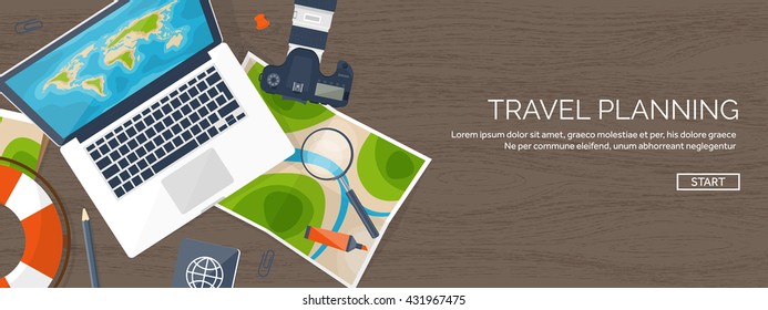 Travel,tourism vector illustration in a flat style.World travel banner.Summer holidays, vacation.Travel around the world.Journey,trip plan.Tourists tips.International tourism.World map,camera,laptop