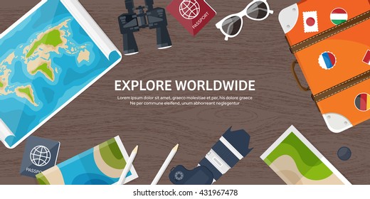 Travel,tourism vector illustration in a flat style.World travel banner.Summer holidays, vacation.Travel around the world.Journey,trip plan.Tourists tips.International tourism.World map,camera, photo